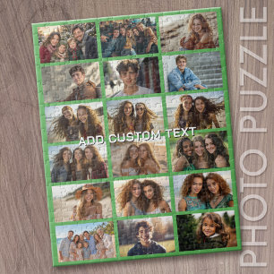 18 photo collage maker - with 1 line of text Green Jigsaw Puzzle
