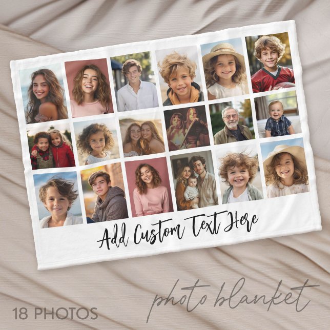 18 Photo Collage with black text on white Fleece Blanket (Photo Blanket - Customize with your favorite pictures)