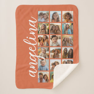 18 Photo Collage with Large Script - Terra Cotta Sherpa Blanket