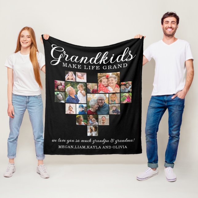 18 Photo Heart Collage Grandkids Make Life Grand   Fleece Blanket (In Situ)
