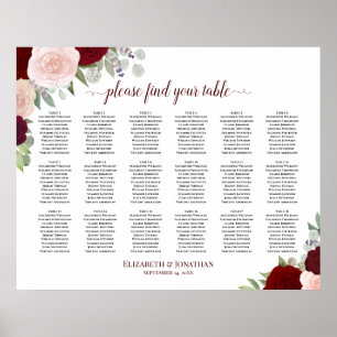 18 Table Burgundy Red & Pink Roses Seating Chart