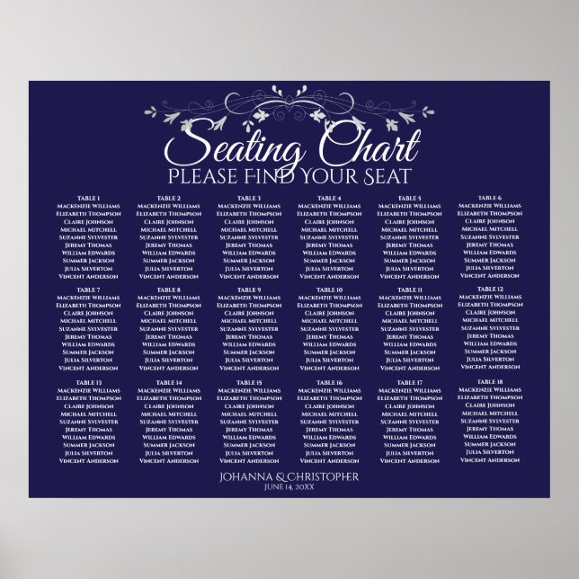 18 Table Elegant Navy Blue Wedding Seating Chart (Front)