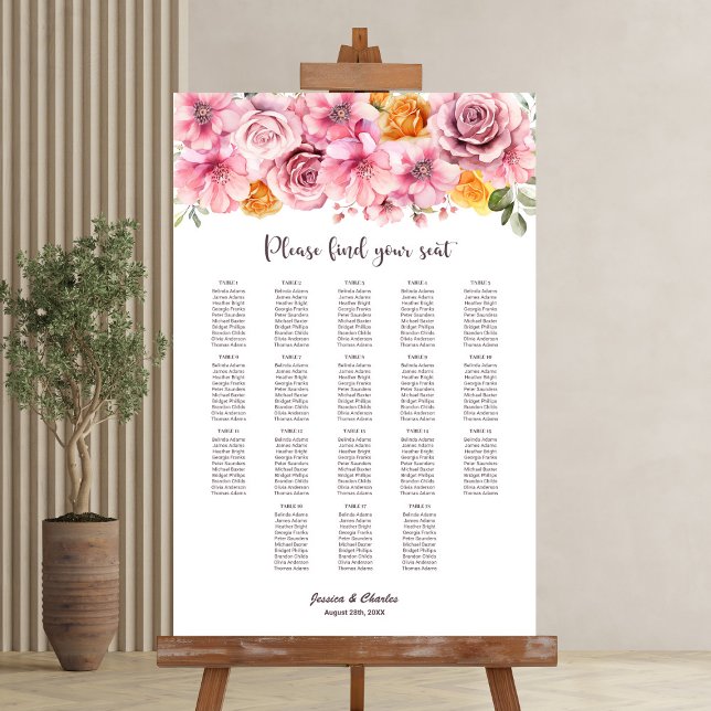 18 Table Elegant Pink Floral Wedding Seating Chart (Creator Uploaded)