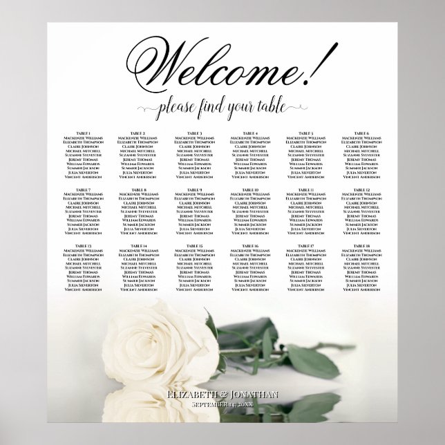 18 Table Elegant White Rose Wedding Seating Chart (Front)
