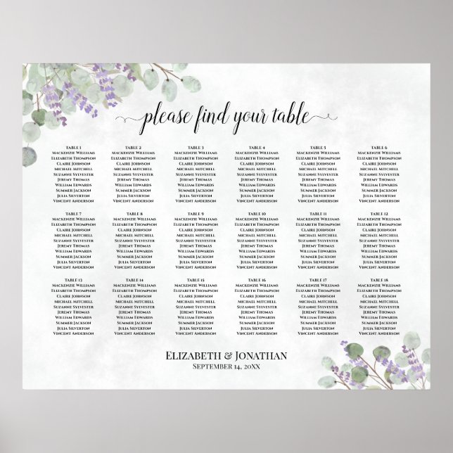 18 Table Eucalyptus Lavender Wedding Seating Chart (Front)