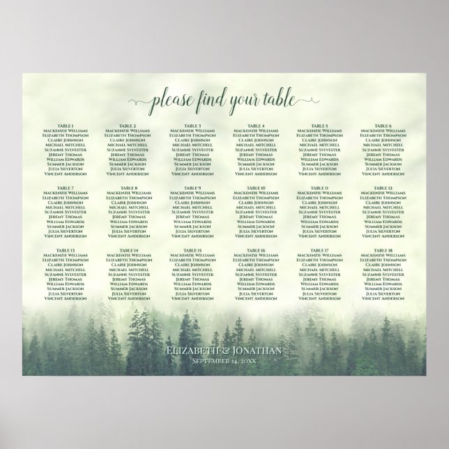 18 Table Foggy Green Pines Wedding Seating Chart (Front)