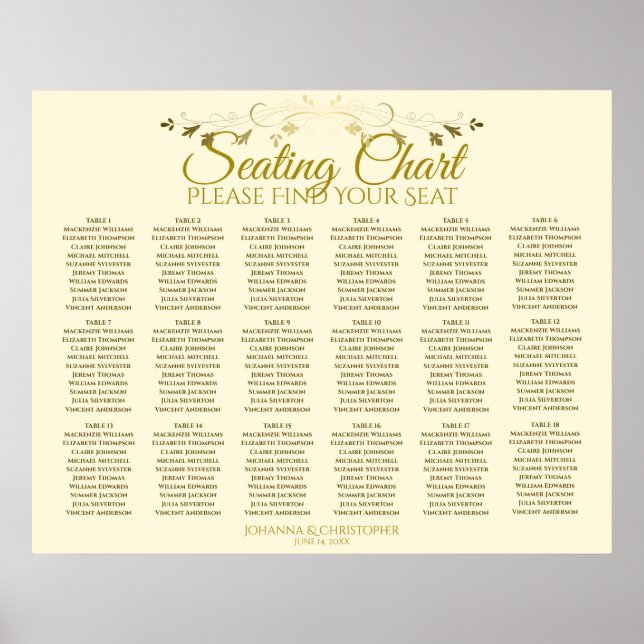 18 Table Gold & Cream Simple Wedding Seating Chart (Front)