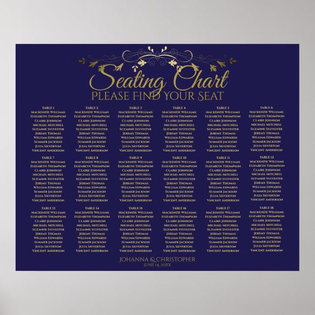 18 Table Gold & Navy Simple Wedding Seating Chart (Front)
