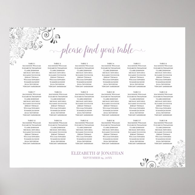 18 Table Lacy White Wedding Seating Chart Lavender (Front)