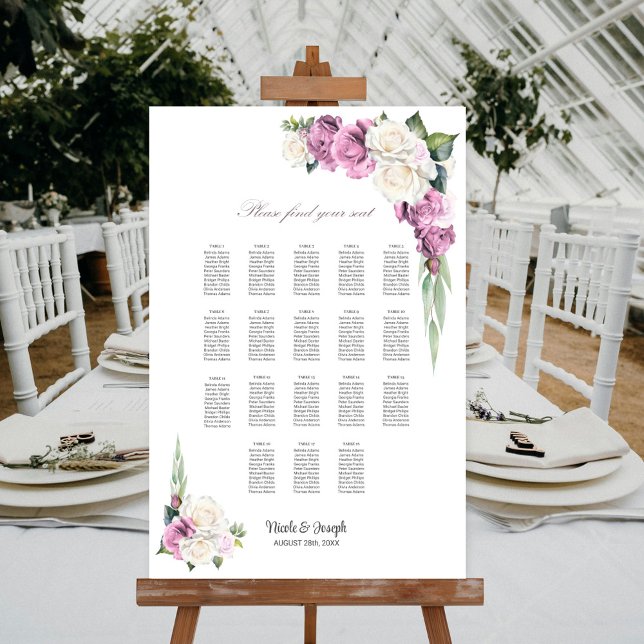 18 Table Pink White Rose Floral Seating Chart (Creator Uploaded)