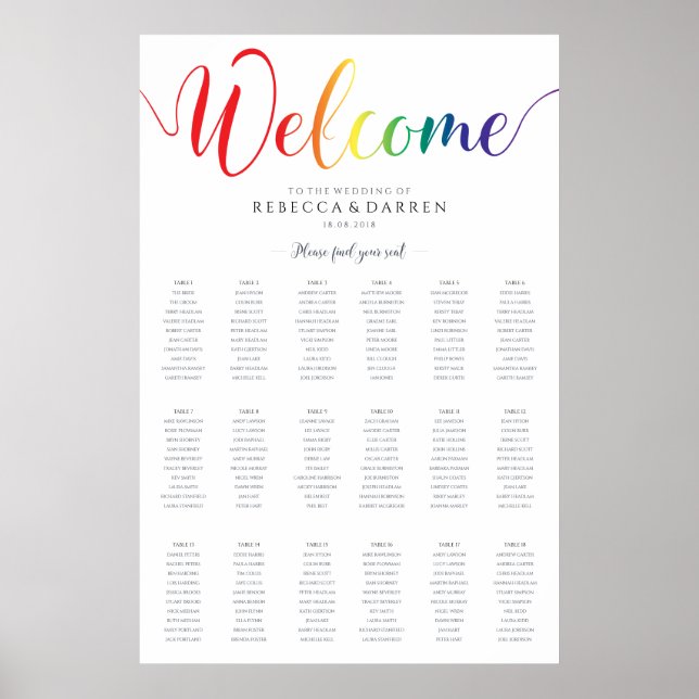 18 Table Rainbow Gay Lesbian Wedding Seating Chart (Front)