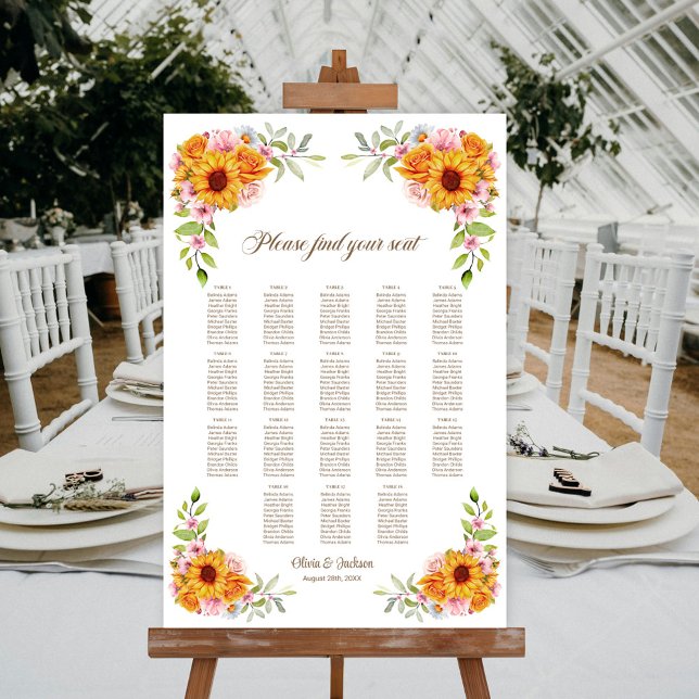 18 Table Sunflower Rose Wedding Seating Chart (Creator Uploaded)