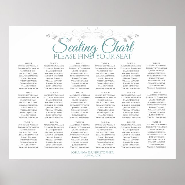 18 Table Teal & Grey Wedding Seating Chart (Front)