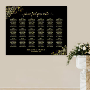 18 Table Wedding Seating Chart Black & Gold Frills