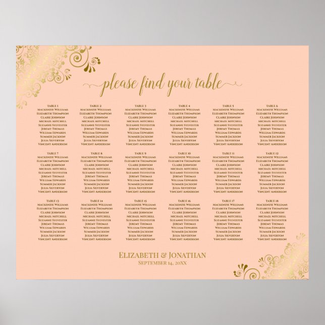 18 Table Wedding Seating Chart Coral Peach & Gold (Front)