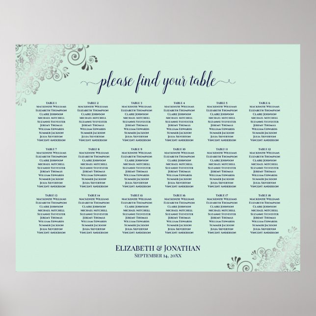 18 Table Wedding Seating Chart Mint Green & Navy (Front)