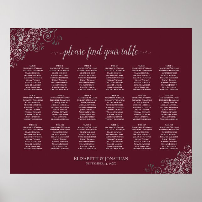 18 Table Wedding Seating Chart Silver on Burgundy (Front)