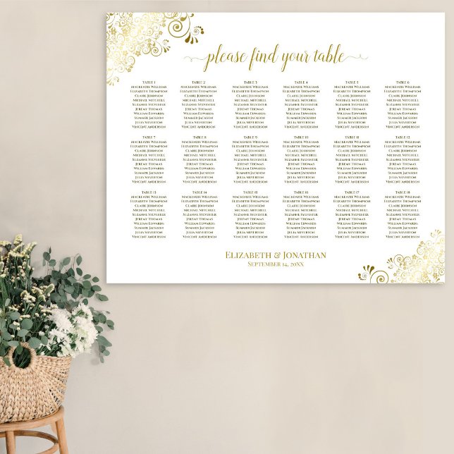 18 Table Wedding Seating Chart White & Gold Frills (In Situ on Wall)