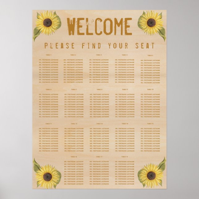18 Tables Seating Chart Rustic Wood Sunflower  (Front)