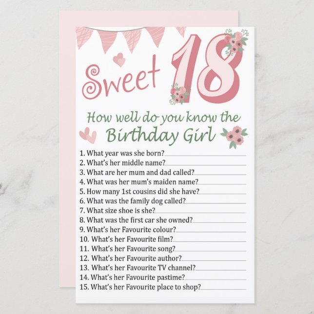 18 th birthday How well do you know the birthday (Front/Back)