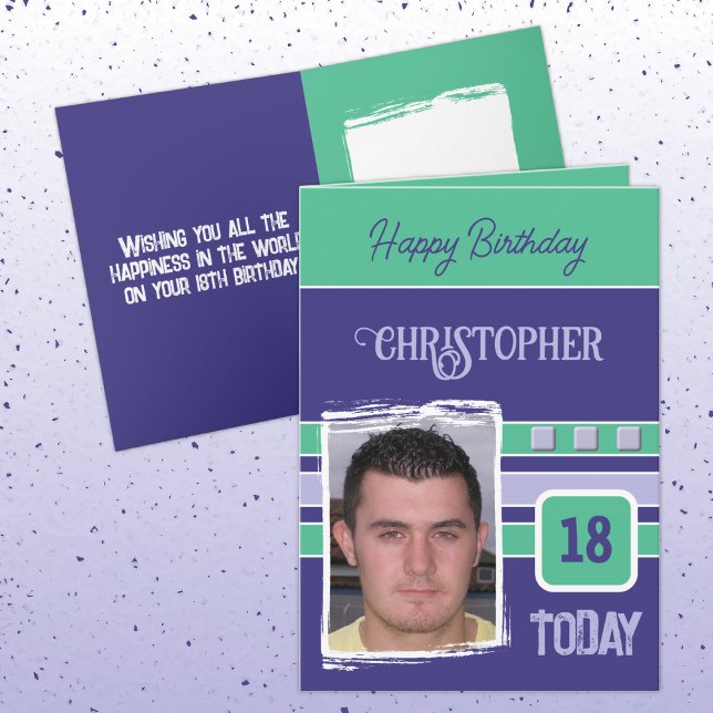 18 today add photo for him purple green birthday card (Creator Uploaded)