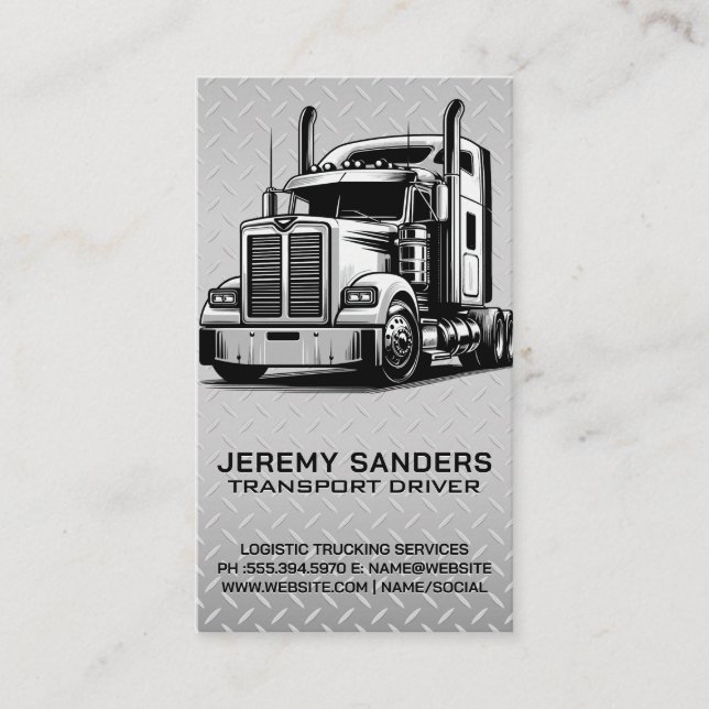 18 Wheeler Truck | Diamond Plate Steel Background Business Card (Front)