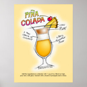 18" X 24" POSTER - PINA COLADA RECIPE COCKTAIL ART