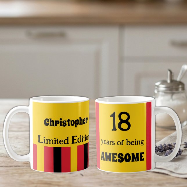 18 years of being awesome name yellow red coffee mug (Creator Uploaded)