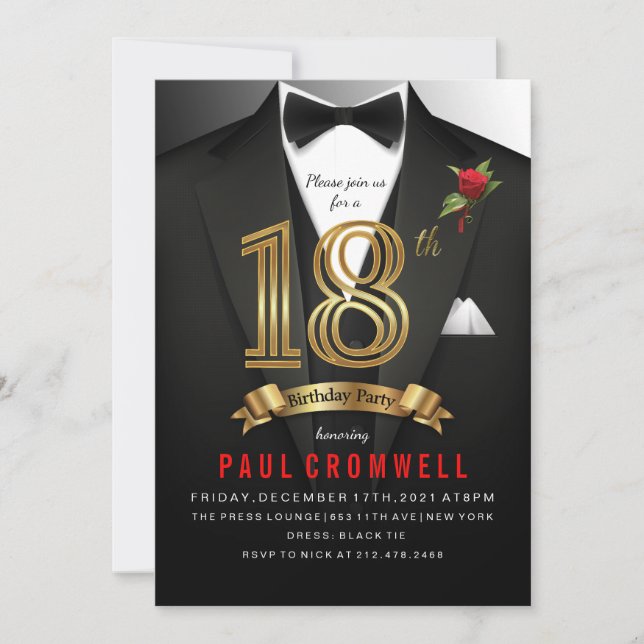 18h Birthday Tuxedo Black Tie Invitation (Front)