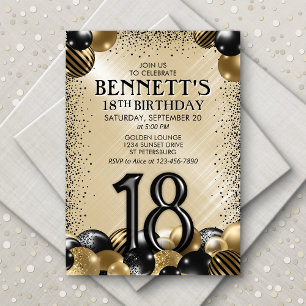 18th Balloons Black Gold Birthday Invitation
