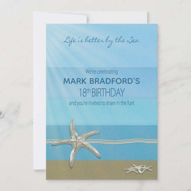 18th Biorthday Invitation, Ocean, Starfish, Name Invitation (Front)