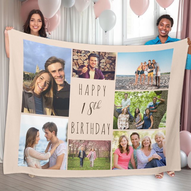 18th Birthday 7 Photo Collage Neutral Beige Fleece Blanket (Creator Uploaded)