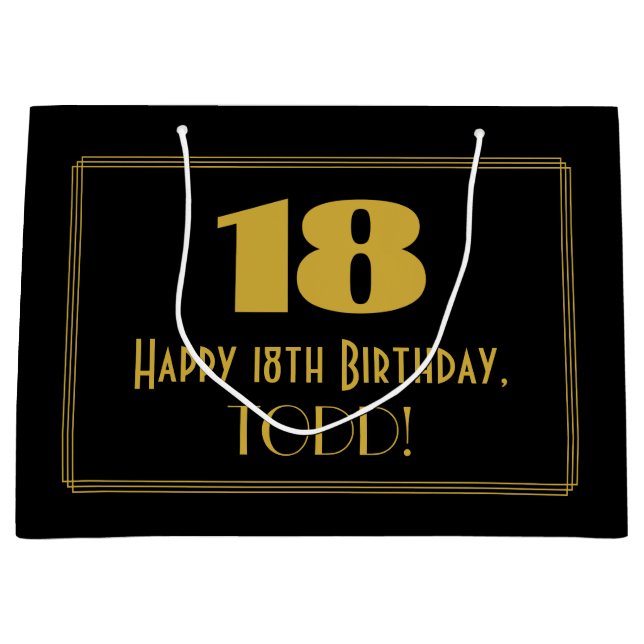 18th Birthday — Art Deco Inspired Look "18" & Name Large Gift Bag (Front)