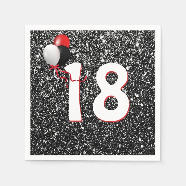 18th Birthday Balloons on Black Glitter Napkins (Front)