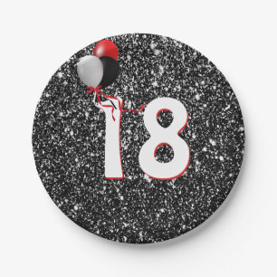 18th Birthday Balloons on Black Glitter  Paper Plate