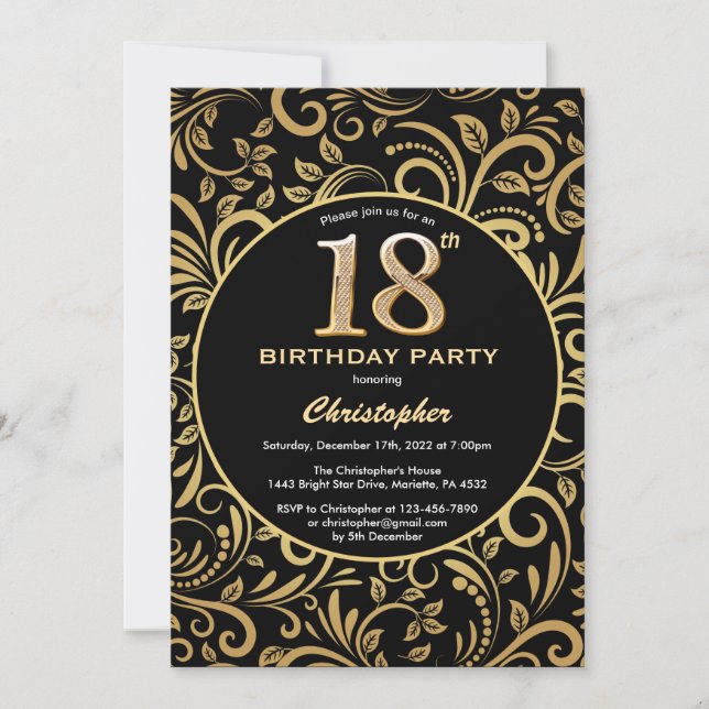 18th Birthday Black and Gold Floral Pattern Invitation (Front)