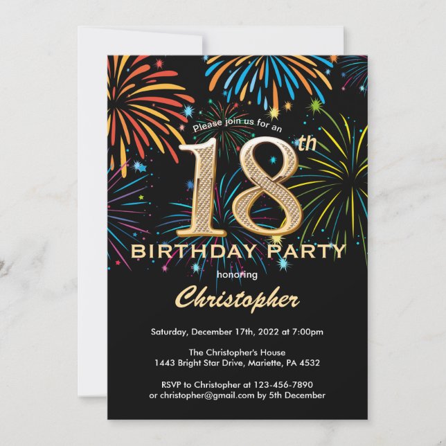 18th Birthday Black and Gold Rainbow Fireworks Invitation (Front)