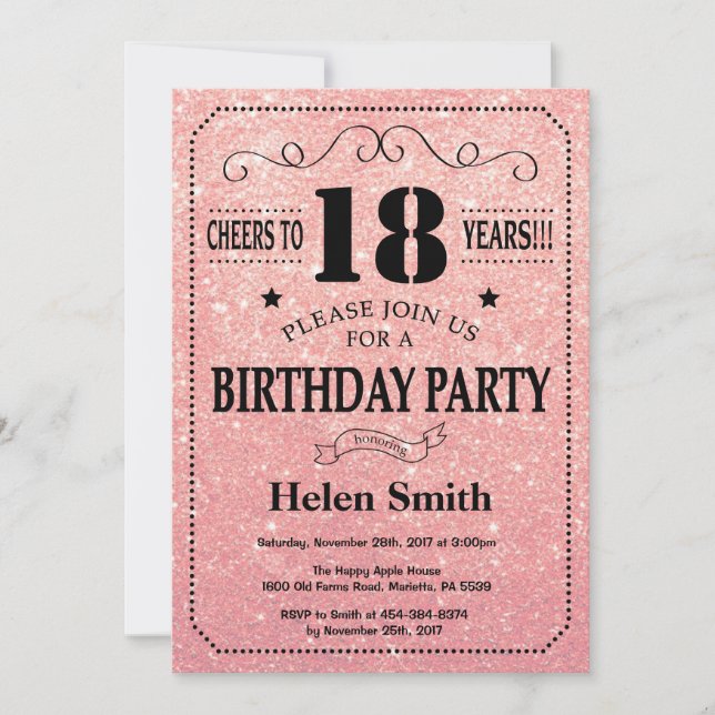 18th Birthday Black and Pink Rose Gold Glitter Invitation (Front)