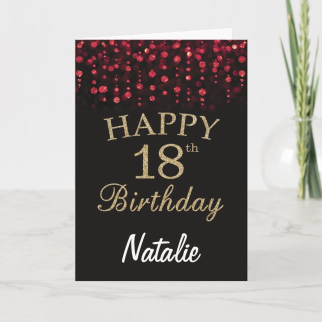 18th Birthday Black and Red Gold Glitter Card (Front)
