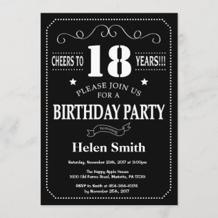 18th Birthday Black and White Chalkboard Invitation