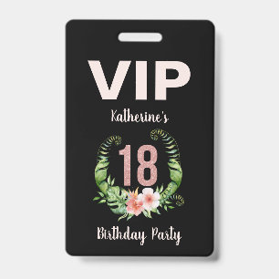 18th birthday black floral VIP ID Badge