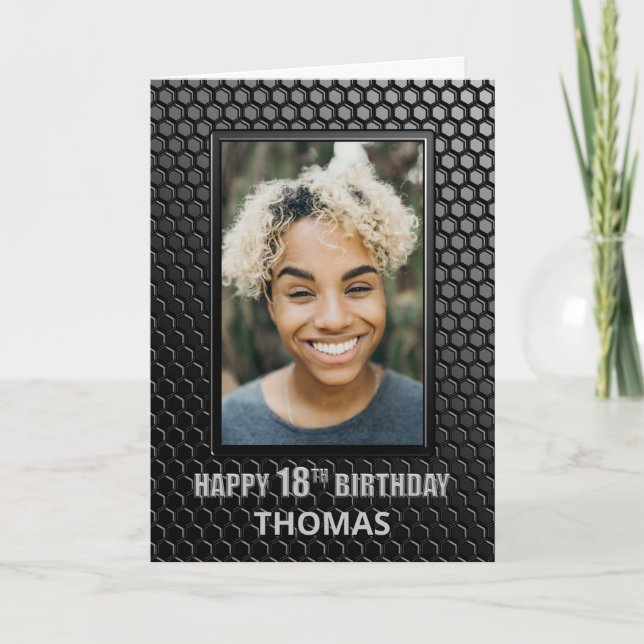 18th Birthday Black Geometric Pattern Custom Photo Card (Front)