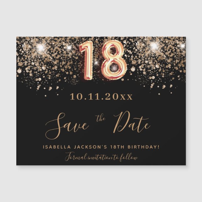 18th birthday black glitter save the date magnet (Front)