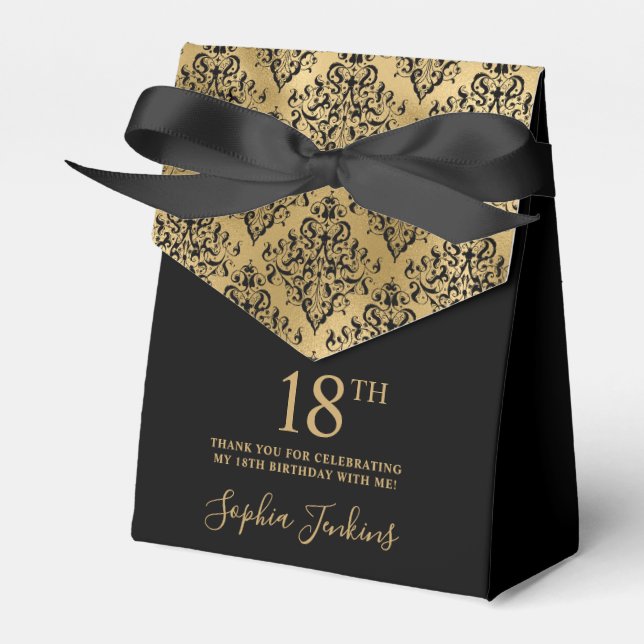 18th Birthday Black Gold Damask Thank You Favour Box (Front Side)