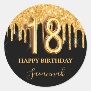 18th birthday black gold glitter balloon party classic round sticker