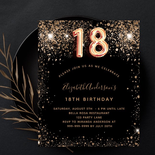 18th birthday black gold glitter budget invitation flyer (Creator Uploaded)