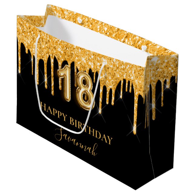 18th birthday black gold glitter drips name large gift bag (Front Angled)