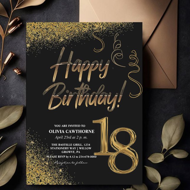 18th Birthday Black & Gold Glitter Modern  Invitation (Creator Uploaded)