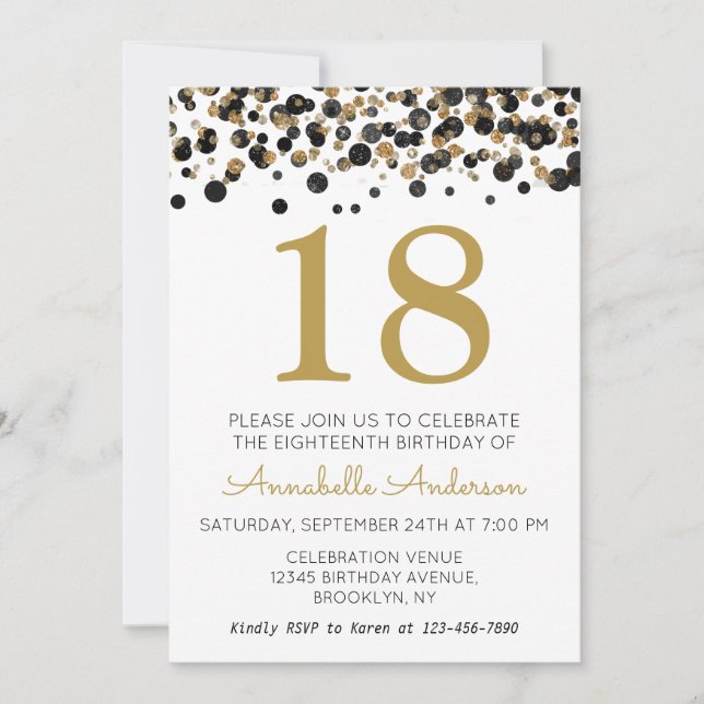18th Birthday Black Gold Glitter Sparkle Confetti Invitation (Front)