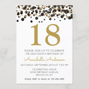 18th Birthday Black Gold Glitter Sparkle Confetti Invitation
